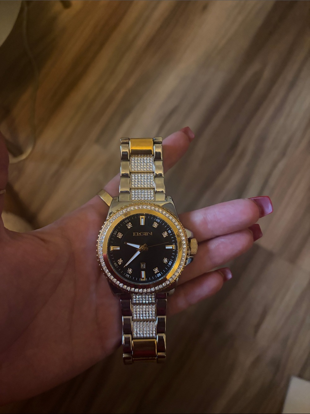Elgin Silver & Gold Tone Crystal Accent Watch - Black Dial